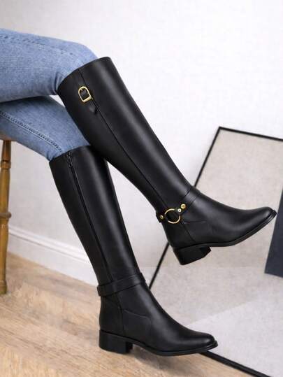 Bota Montaria Feminina Cano Longo Alto Ziper Lateral Fivela Para Cavalgada Elastico Outono/Inverno