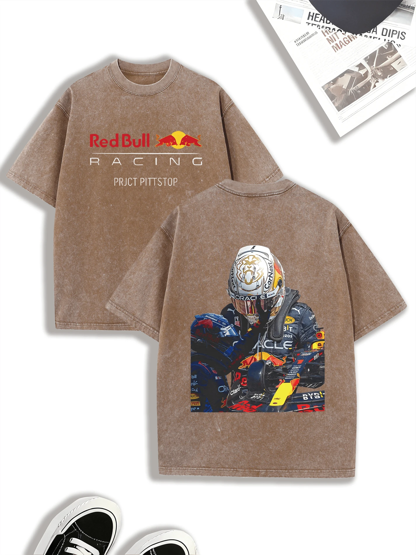 Men's Casual T-Shirt | Unique F1 RedBullRacing Car Print Design | 100% Cotton, Comfortable And Soft Fabric, Washable | Suitable For Everyday Wear / Outdoor Activities / Sports / Holiday Parties | Ideal Gift For Boyfriend | Perfect For Retro Racing Fans - 摩卡棕 - 查看 1