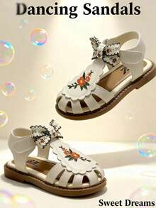 1 Pair Fashion Children's Sandals, Beige Girls' Sandals, Butterfly Embroidery Decor, Hook And Loop Design, Soft Non-Slip Sole, Suitable For Banquet, Party, Wedding, Vacation, Girls' Sandals, Kids Sandals - Beige - View 8