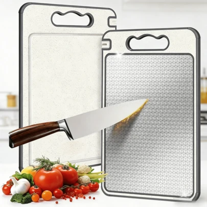 Thớt hai mặt đa năng cao cấp bằng thép không gỉ - Thớt nhà bếp chống trượt có dụng cụ mài dao, rãnh ép trái cây tích hợp và tay cầm tiện dụng, hai mặt dùng để nhào bột, rã đông, thái, chuẩn bị nguyên liệu nấu nướng, chất liệu cao cấp, phù hợp cho đầu bếp chuyên nghiệp.
