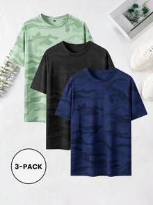 3件装黑色+藏青色+绿色男士凉感短袖T恤 - 黑色 - 查看 2