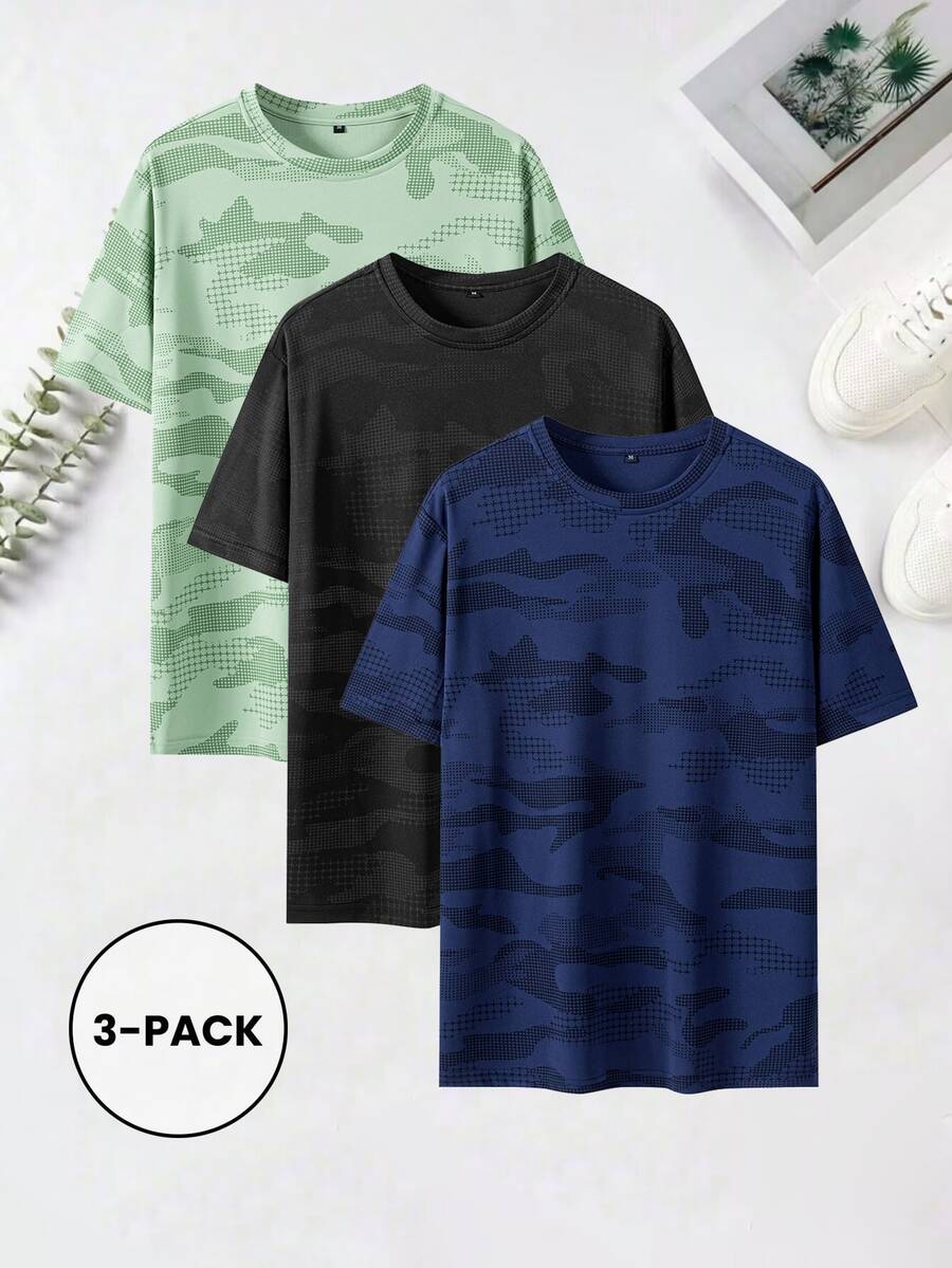 3pcs Black + Navy Blue + Green Men's Cooling Short Sleeve T-Shirts - Black - View 1