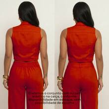 Elegant Women's Linen Vest And High-Waisted Pants Set - 橘色 - 查看 9