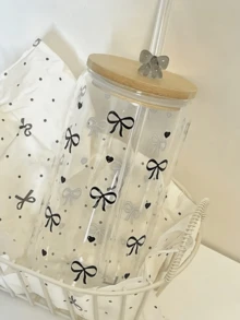 1pc Black Ribbon Decorated Iced Coffee Cup - A Long Handle Cup Suitable For Milk Drinks, Matcha And Water - An Excellent Gift Choice For Friends! - Multicolor - View 1