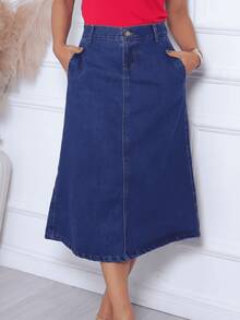 Women's Midi Denim Skirt, Modest Style. - 深色水洗藍 - 查看 2