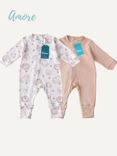 Kit 2 Macacão Bebê Amore Vira Pé Amiguinhos e Marrom Com Zíper 100% Algodão