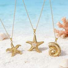 VceTd 1 pieza/3 piezas Collar colgante de acero inoxidable con forma de estrella de mar/concha, diseño de estilo de vacaciones oceánicas, adecuado para que las mujeres lo usen en vacaciones en la playa, vida diaria, viajes, festivales, fiestas, regalos para amantes, familia y amigos - Amarillo Oro - Ver 1