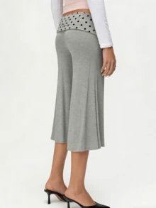Women Solid Color Fold Over Capri Casual Low Rise Straight Wide Leg Cropped Pants Vintage Polka Dots Stripes Printed Three Quarter Trousers Gym Yoga Workout Lounge Wear Bottoms - Màu xám đen - Xem 2