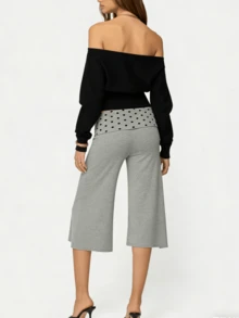 Women Solid Color Fold Over Capri Casual Low Rise Straight Wide Leg Cropped Pants Vintage Polka Dots Stripes Printed Three Quarter Trousers Gym Yoga Workout Lounge Wear Bottoms - Màu xám đen - Xem 4