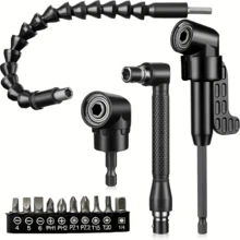 14 件套柔性钻头延长杆套装，1/4 英寸六角柄可弯曲钻头延长杆，105° 直角钻头，90° 直角螺丝刀头，10 个短螺丝刀头，电动手工具 - 黑色 - 查看 1