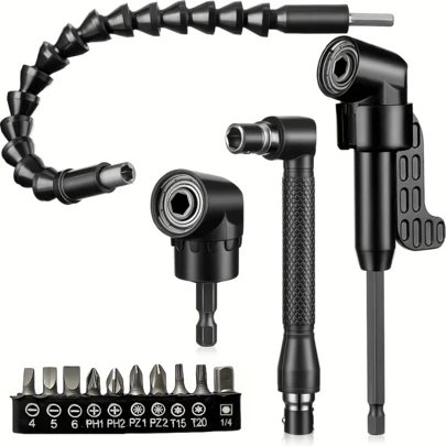 Bộ 14 mũi khoan nối dài linh hoạt, chuôi lục giác 1/4 inch, mũi khoan nối dài có thể uốn cong, mũi khoan góc vuông 105 độ, mũi vặn vít góc vuông 90 độ, 10 mũi vặn vít ngắn, dụng cụ cầm tay điện.