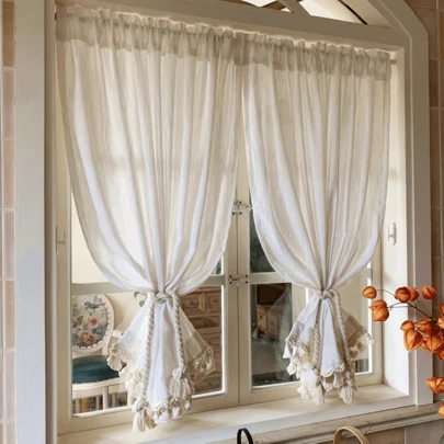 1 Stück minimalistische strukturierte Quasten Vorhangstange, Retro Halbvorhang für Balkon, kleine Fenster, Küche