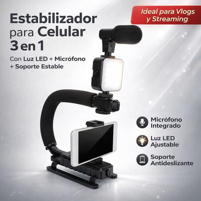 Soporte Estabilizador para Cámara y Celular,Soporte Portátil en Forma de U con Micrófono de Luz LED,Antivibración para Video Compatible con Cámara SLR,Teléfono Móvil,Cámara Digital,Grabadora de Video y DV