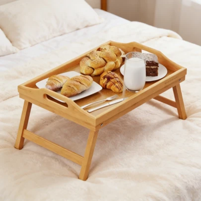 Elegant Bamboo Bed Tray Table With Folding Legs – Perfect For Breakfast In Bed, TV Watching, Or Laptop Use – Includes Plate, Cup, And Vase With Flowers – Ideal For Sofa Or Bedside Decor, Bed Tray Table