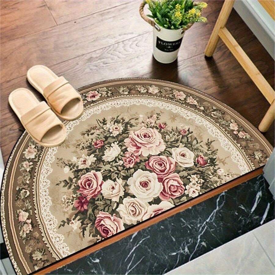 1pc Floral Half-Circle Doormat, Small Rug, Welcome Mat, Carpet, Fan-Shaped Rug, Outdoor Doormat, Kitchen Rug, Home Decor, Front Door Mat, Area Small Rug, Outdoor Mat, Home Decor, Area Rug, Garden Rug, Washable Carpet - Multicolor B - View 1