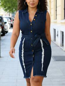 Đầm denim nữ cài cúc đơn, rách tua rua, thời trang cho kỳ nghỉ, hẹn hò và đi chơi. - Rửa tối - Xem 3