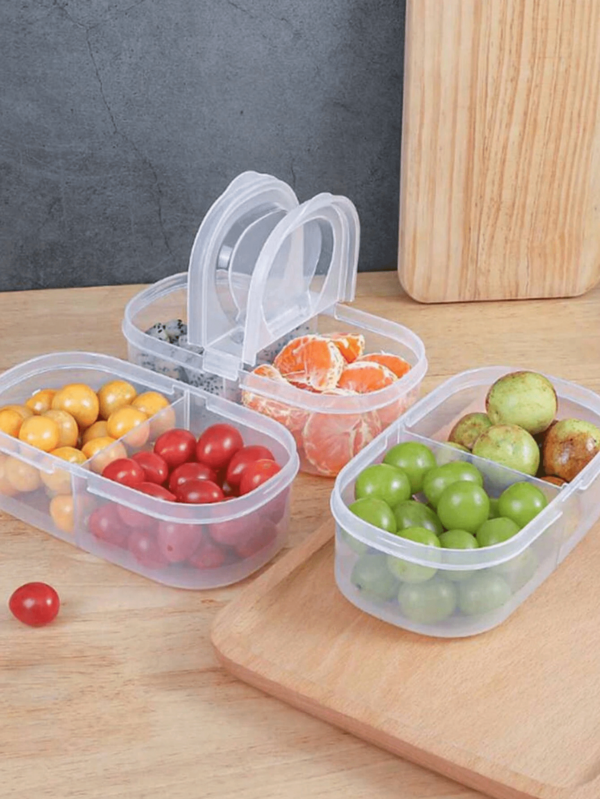 1 Stück transparenter Lebensmittelbehälter mit zwei Fächern, minimalistischer Stil geeignet für Küche, Sommerstrandparty, Lebensmittel, Camping, Organisation, Raumdekoration, Küchenutensilien