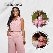 Elegant Women's Linen Vest And High-Waisted Pants Set - Baby Pink - View 5