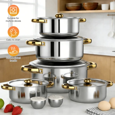 Lislark 7PCS Stainless Steel Cookware Set Multifunctional Soup Pot With Lid Large Capacity Scratch-Resistant And Stain-Resistant Suitable For All Stove Types, Dishwasher - Suitable For Cooking, Stovetop Cooking Set, Large Capacity Cooking, Induction