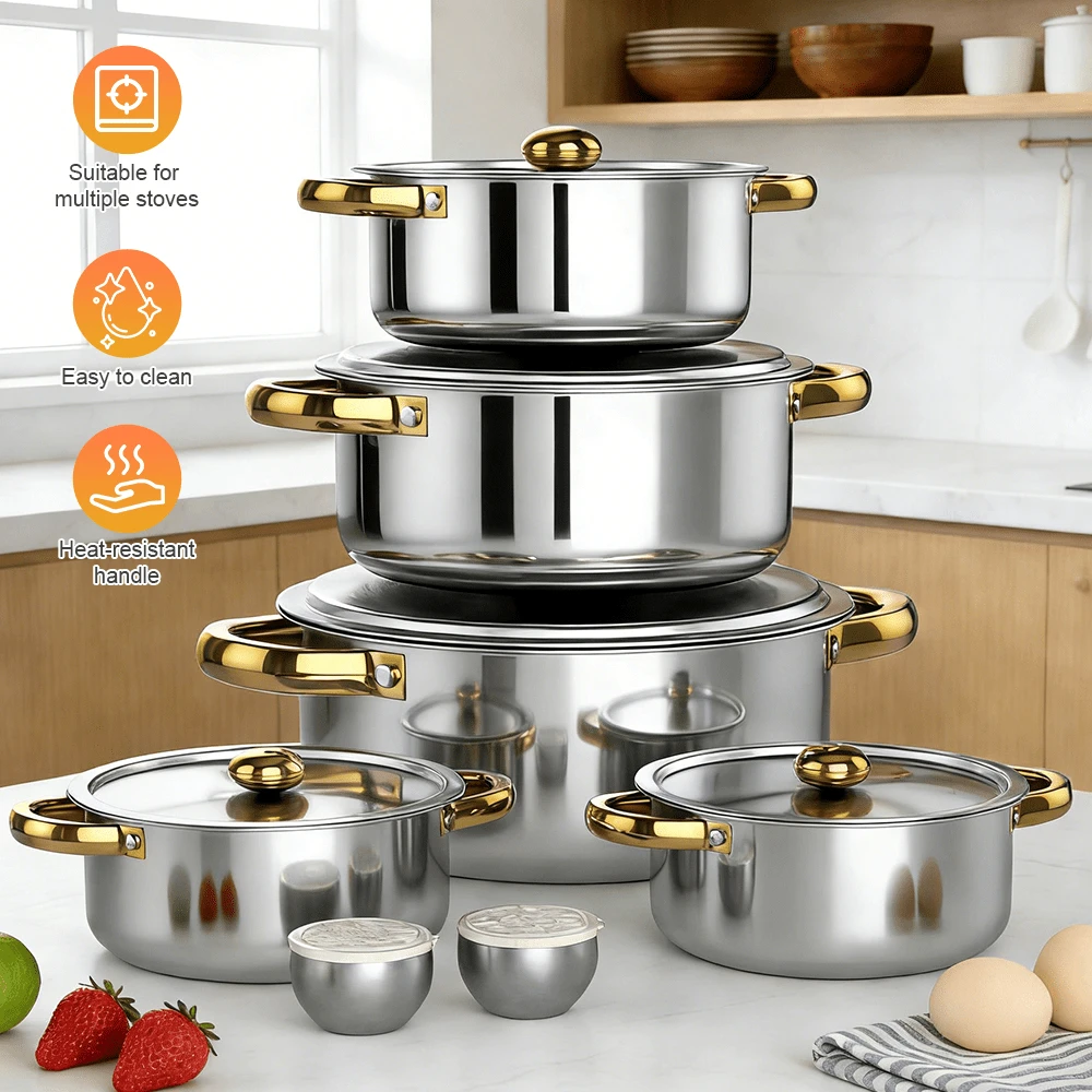 Lislark 7PCS Stainless Steel Cookware Set Multifunctional Soup Pot With Lid Large Capacity Scratch-Resistant And Stain-Resistant Suitable For All Stove Types, Dishwasher - Suitable For Cooking, Stovetop Cooking Set, Large Capacity Cooking, Induction - View 1