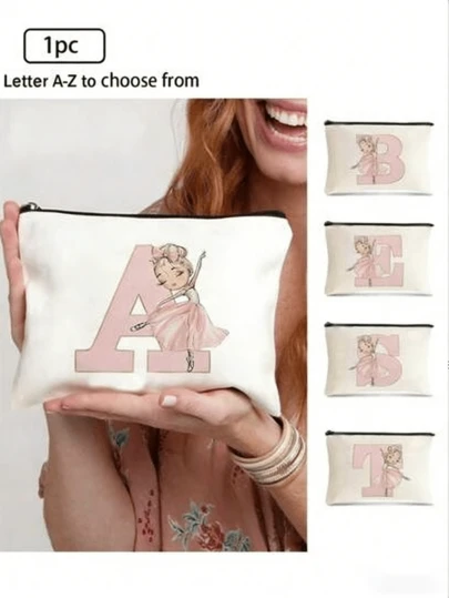 1个芭蕾舞女孩卡通字母图案化妆包，化妆包，便携式化妆品收纳包，女孩化妆盒手拿包，轻便收纳袋，旅行必备旅行洗漱包个性化字母组合包零食袋杂物袋，用于整理毕业生日礼物，女士化妆包化妆收纳袋化妆品收纳