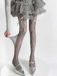 1双黑色/白色/咖啡色/灰色/紫色系带镂空蝴蝶结渔网袜，Y2K风格，春夏款 - 彩色 - 查看 9