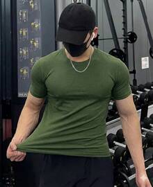 Men's Plain Short Sleeve T-Shirt With Elastane Visco Lycra Mesh - 抹茶 - 查看 1