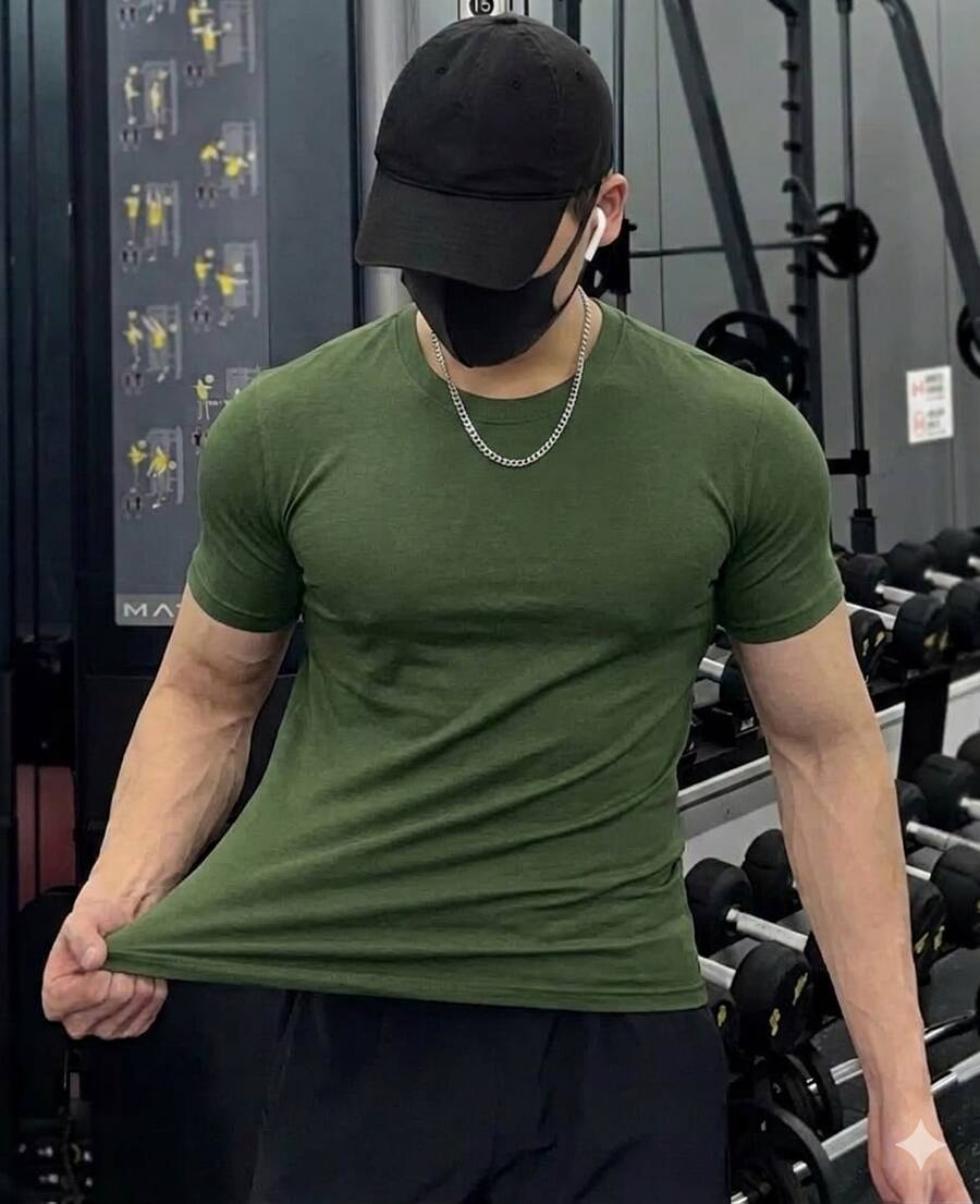 Men's Plain Short Sleeve T-Shirt With Elastane Visco Lycra Mesh - 抹茶 - 查看 1