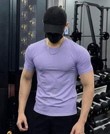 Men's Plain Short Sleeve T-Shirt With Elastane Visco Lycra Mesh - Màu Lilac Tím - Xem 2