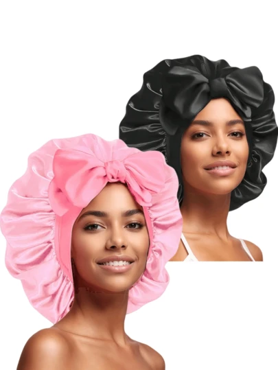 1/2pcs Silk Sleep Cap, Satin Sleep Cap, Plus Size Sleep Cap, With Adjustable Drawstring Headband, Women Black Curly Hair Sleep Cap