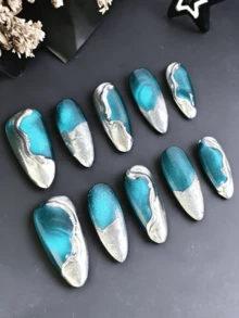 10 Móng Tay Giả Nữ Phong Cách Y2K, Móng Tay Giả Làm Thủ Công Bằng Acrylic Với Kim Tuyến Xanh Ngọc & Xoáy Bạc Kim Loại, Hình Dáng Hạnh Nhân Bóng, Móng Tay Giả Tái Sử Dụng Cho Tiệc Tùng, Hòa Nhạc, Lễ Hội, Sử Dụng Hàng Ngày, Dụng Cụ Làm Móng, Keo Dán Móng - Nhiều màu - Xem 3