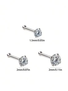 3件套 S925 纯银四爪锆石唇钉鼻环个性化耳环穿刺饰品 1.5mm 2mm 3mm - 銀色 - 查看 8