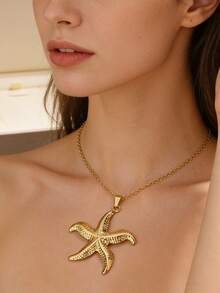 VceTd 1 pieza/3 piezas Collar colgante de acero inoxidable con forma de estrella de mar/concha, diseño de estilo de vacaciones oceánicas, adecuado para que las mujeres lo usen en vacaciones en la playa, vida diaria, viajes, festivales, fiestas, regalos para amantes, familia y amigos - Amarillo Oro - Ver 4