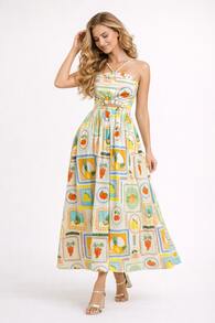 Women's Printed Dress With Thin Criss-Cross Straps At The Front, A Cutout At The Waist, And A Flared Midi Skirt – Romantic Dress With A Chic, Feminine Look And French Inspiration, Ideal For Dates, Parties, Travel, And Elegant Everyday Wear - 杏色 - 查看 2