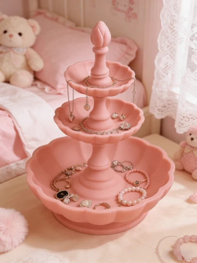 1pc Pink Lotus Flower 3-Tier Tray, Makeup & Jewelry Organizer, Entryway/Tabletop Decor, Soft Aesthetic