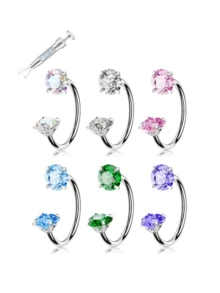 20G Horseshoe Nose Ring(Free Ball Holder) Internally Threaded Gems,Earring Daith Cartilage Helix,Piercing Jewelry With Grabbing Tool. - Silver - View 7