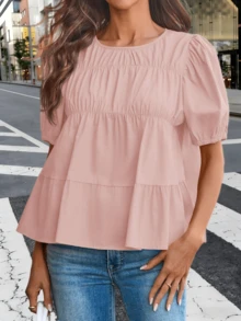 Womens Puff Sleeve Peplum Babydoll Tops Smocked Pleated Cotton T Shirts Summer Casual Loose Fit - 淺粉紅色 - 查看 5
