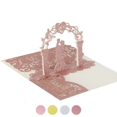 1 set Tarjeta de invitación de boda en forma de corazón 3D pop-up, tarjeta de felicitación láser de novia y novio plegable en tres partes para boda, matrimonio, aniversario, suministros para fiesta, 1 cubierta exterior y 2 insertos en blanco