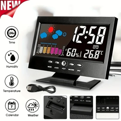 Oval Digital Alarm Clock With Calendar, Weather & Thermometer, Humidity Monitor, Snooze Function, Plastic, Sleep Timer, Desk Decor, Christmas & Chinese New Year Gift, Requires 2 AAA Batteries (Not Included)