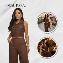 Elegant Women's Linen Vest And High-Waisted Pants Set - 鏽棕色 - 查看 5