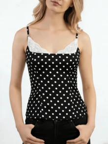 Women Polka Dot Y2K Cami Top Lace Trim Spaghetti Strap Tank Top Fairy Backless Dot Print Going Out Camisole - 黑色 - 查看 4