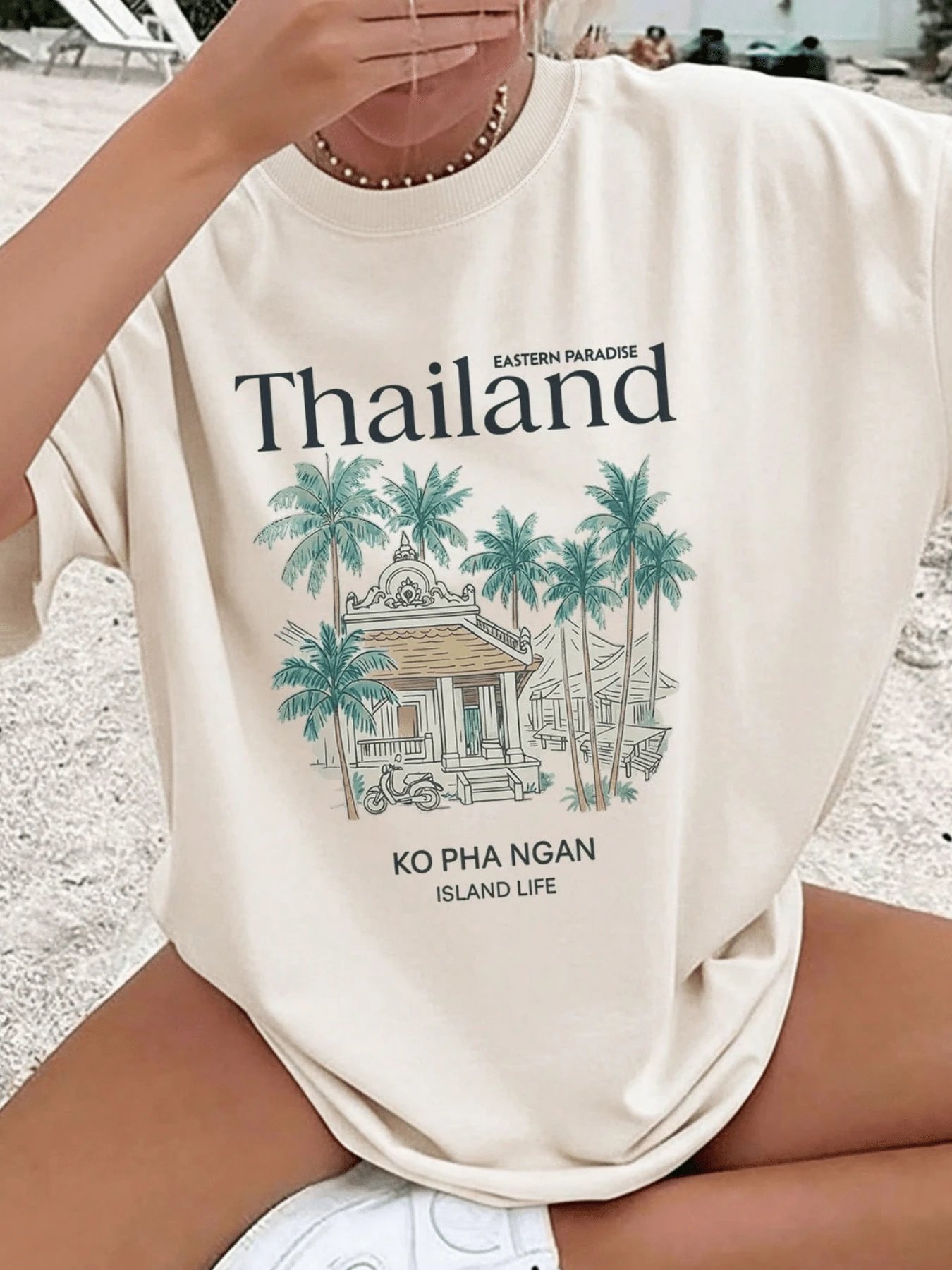 Women's Spring/Summer Clothing Hand-Painted Style Coconut Trees Thai Architecture Thailand Fashion Casual Loose Fit Round Neck Printed Short Sleeve Cotton Oversized Drop-Shoulder-Shirt - 杏色 - 查看 1