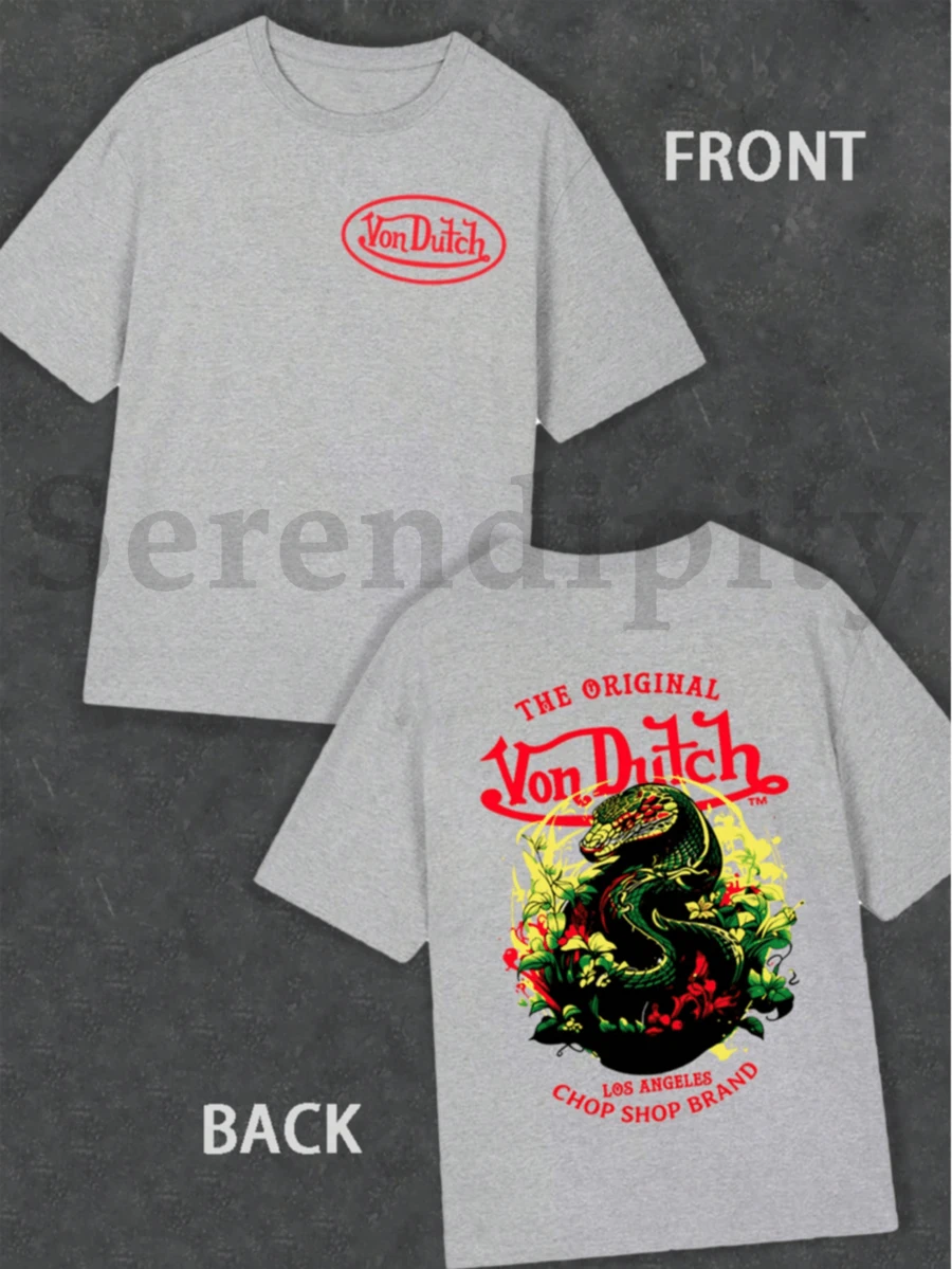 Grey 1pcs Women's Double Side Print Von Ditch Dragon Floral Design Red And Green Print Fabric Soft & Skin-Friendly Unisex Style Gifts For Spring Festival, Valentine's Day, St. Patrick's Day & World Cup-Van Dutch Dragon Print Women T Shirt Classic Americana Style Graphic - Xám - Xem 1