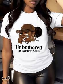 Plus Size - Women'S Plus Size Oversized Crew Neck T-Shirt - Unbothered By Negative Souls Graphic Print With Golden Chains & Lettering, Casual Summer Tee, Breathable Medium-Stretch Fabric, Positive Message Design For Everyday Confidence - 白色 - 查看 1