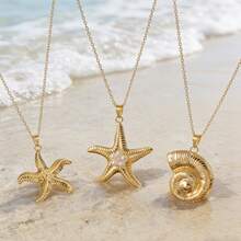 VceTd 1 pieza/3 piezas Collar colgante de acero inoxidable con forma de estrella de mar/concha, diseño de estilo de vacaciones oceánicas, adecuado para que las mujeres lo usen en vacaciones en la playa, vida diaria, viajes, festivales, fiestas, regalos para amantes, familia y amigos - Amarillo Oro - Ver 6