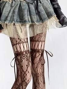 1双黑色/白色/咖啡色/灰色/紫色系带镂空蝴蝶结渔网袜，Y2K风格，春夏款 - 彩色 - 查看 10