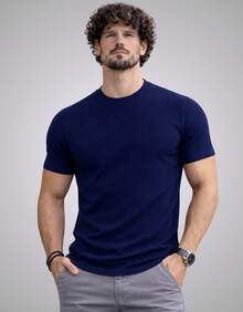 Premium Textured T-Shirt, Men's Casual Textured Knit Shirt - 藍色 - 查看 1