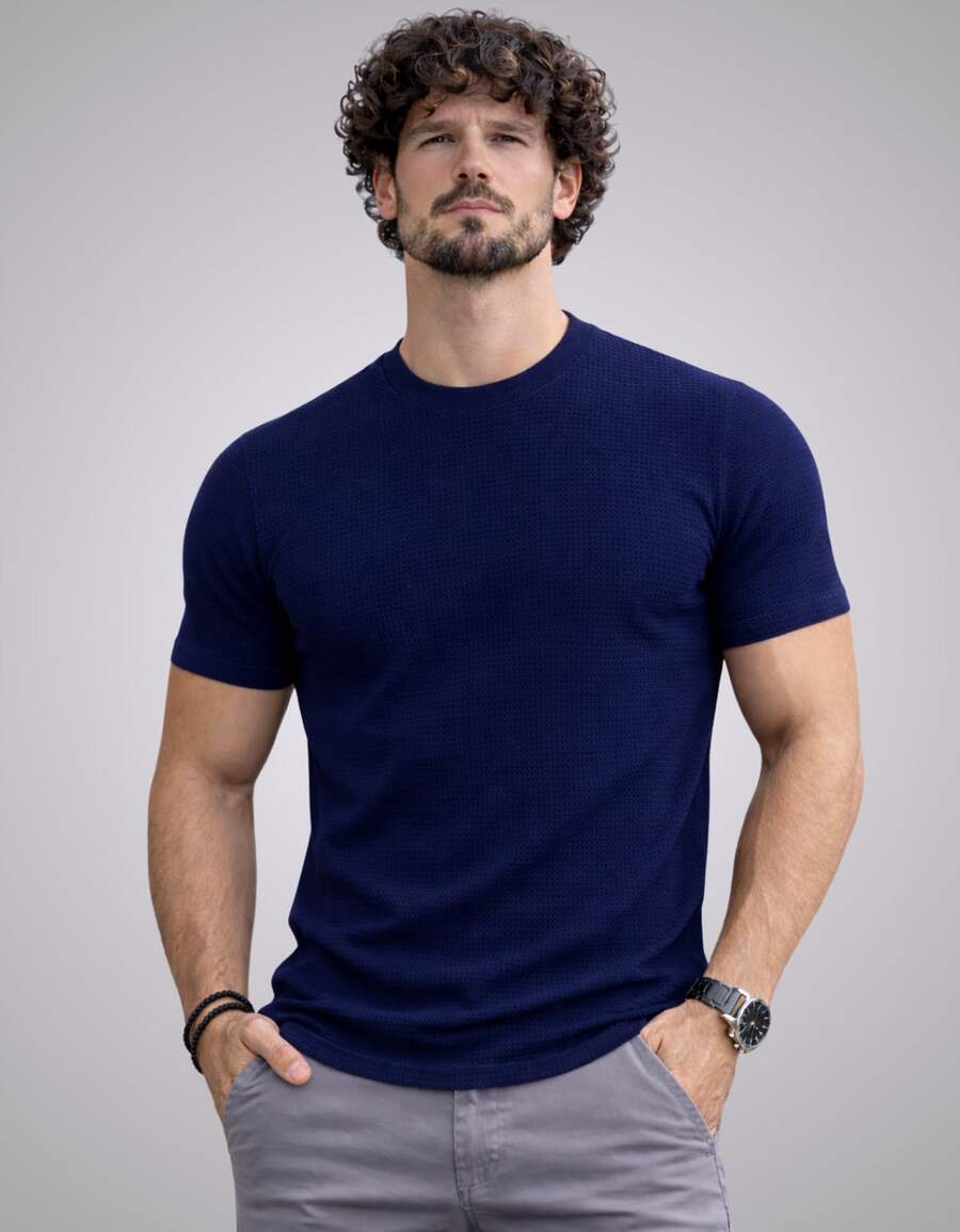 Premium Textured T-Shirt, Men's Casual Textured Knit Shirt - 藍色 - 查看 1