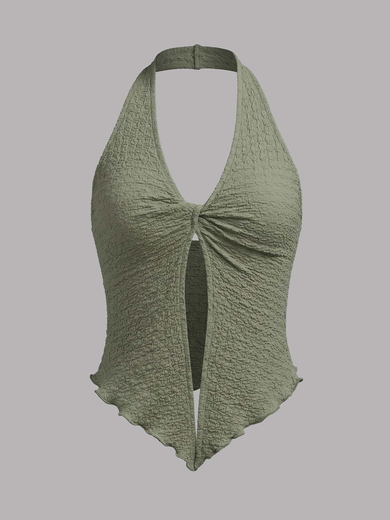 Women's Summer Y2K Casual Vacation Style Olive Green Front Twist Ruched Cropped Camisole Top - Green - View 1