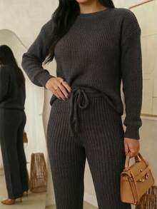 Women's Knit Set - Mousse Aerolook - Ribbed Knit Pants And Blouse - Winter 2025 - Dark Grey - View 1